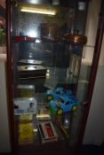 Contents of Display Cabinet; Two Copper Water Warmers, String Box, Cigarette Boxes, etc.