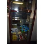 Contents of Display Cabinet; Two Copper Water Warmers, String Box, Cigarette Boxes, etc.