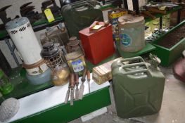 Two Jerry Cans, Oil Lamps, Chisels, Vintage Tins, etc.