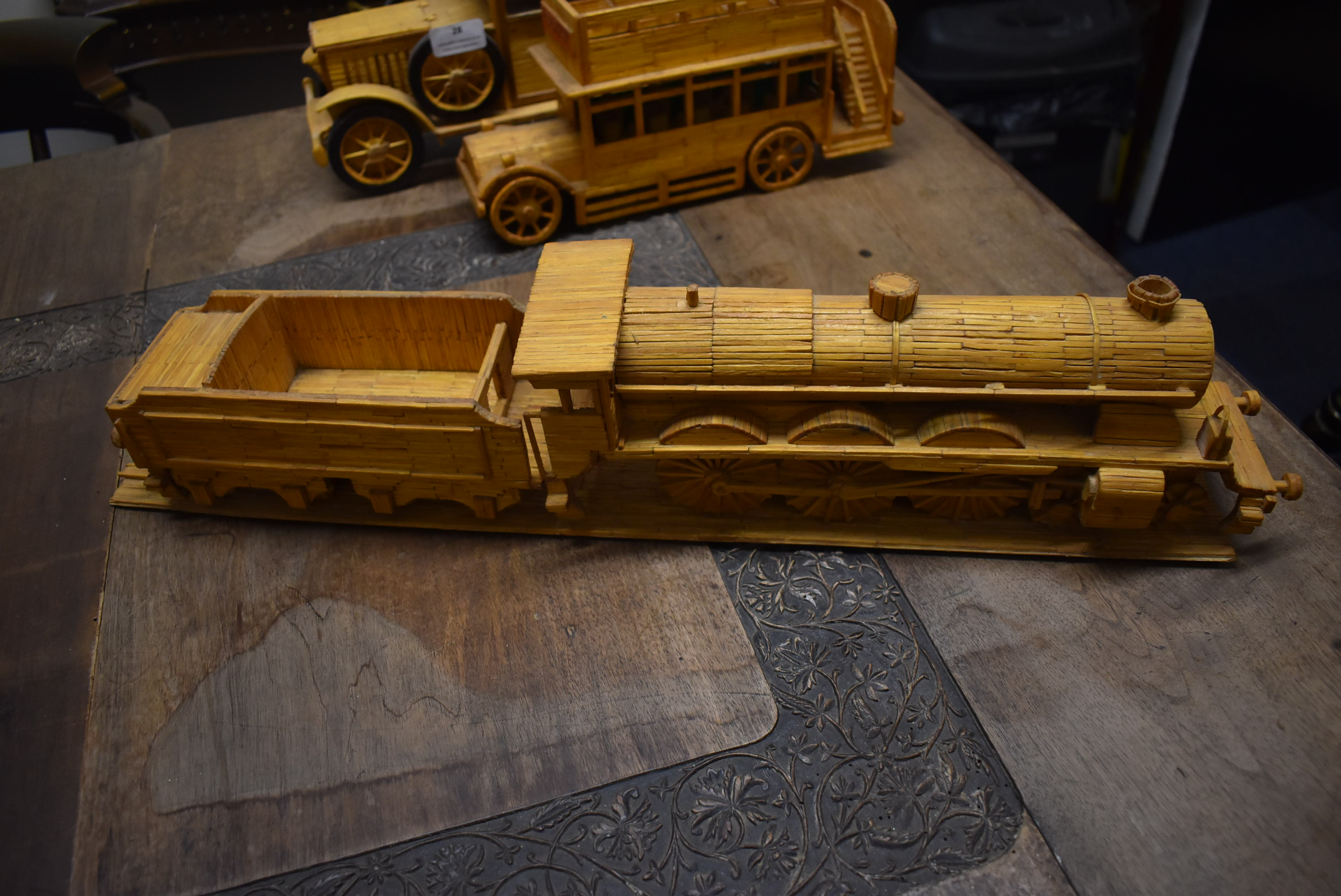Three Handmade Matchstick Models; Vintage Car, Bus, and Steam Train - Image 12 of 12