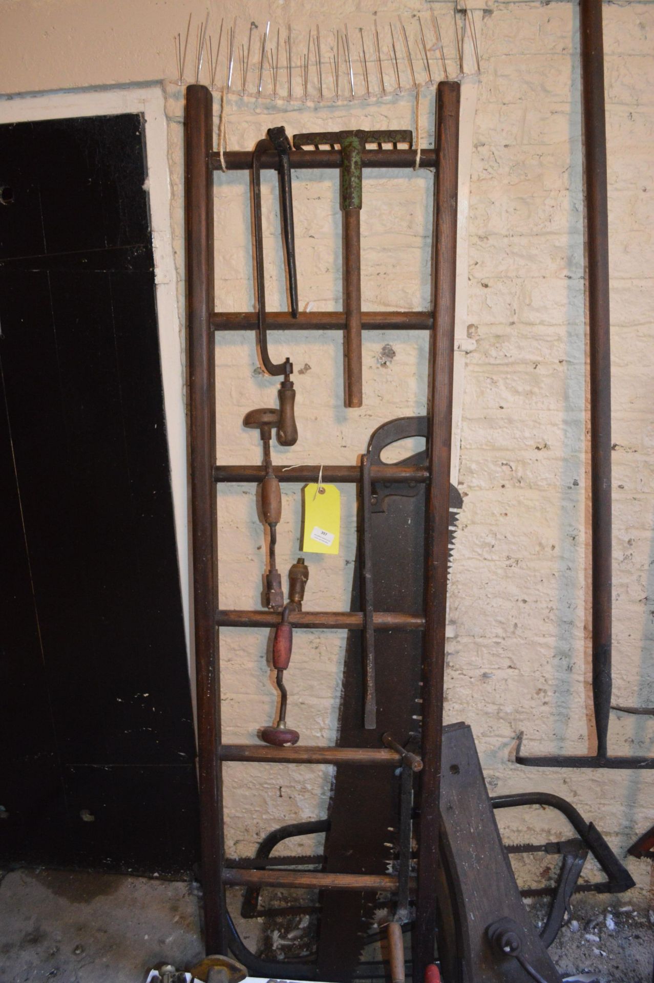 Wooden Six Rung Ladder, Rake, Hand Drills, Crowbar, etc.