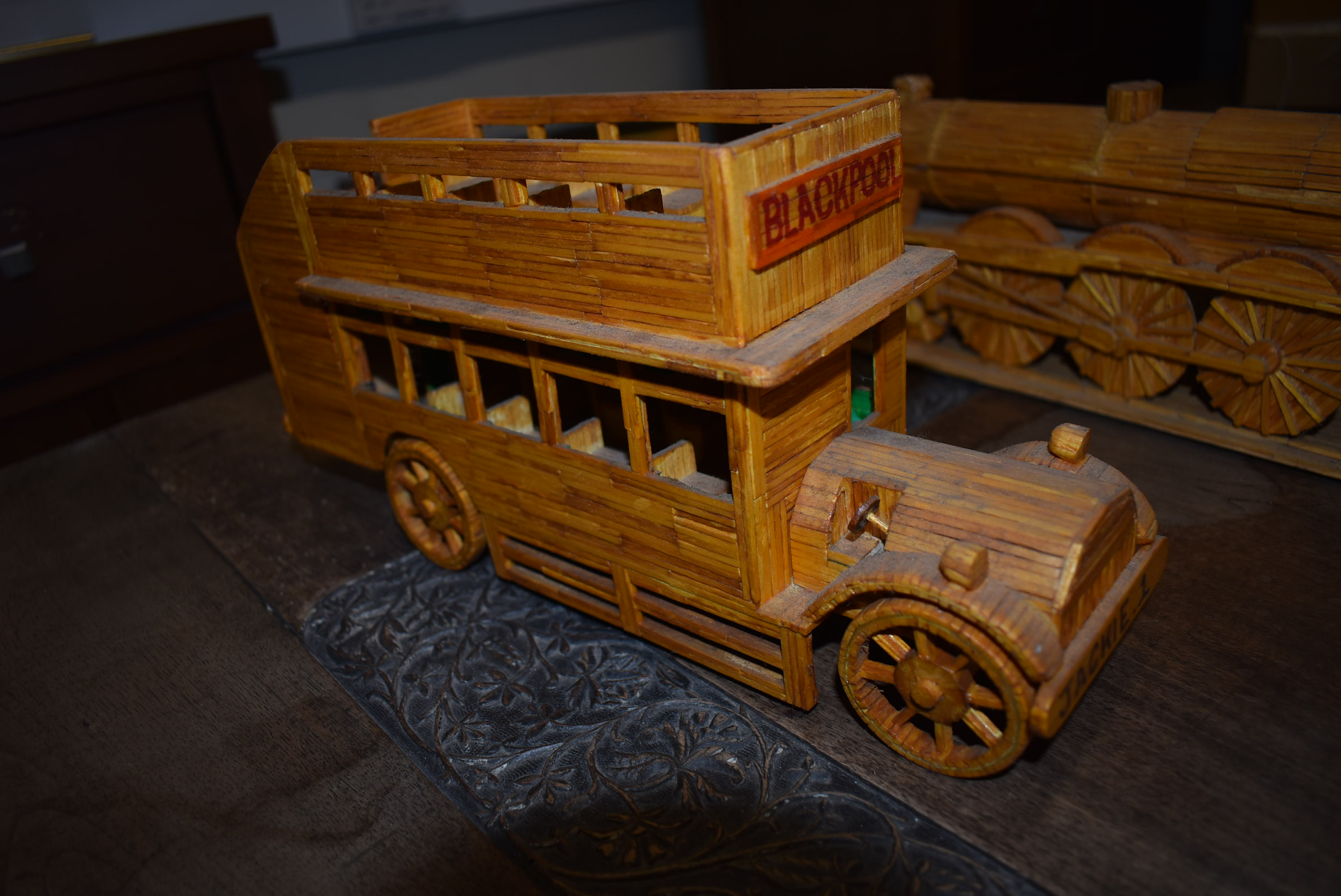 Three Handmade Matchstick Models; Vintage Car, Bus, and Steam Train - Image 5 of 12