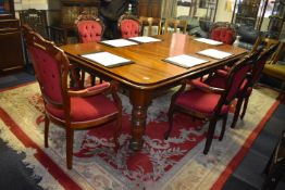 Extending Dining Table 125xm x 160-280cm and Six Carver Chair with Red Upholstered Seat, Back, and