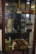 Contents of Display Cabinet; Small Vintage Tins, Bed Warmer, Glass Bottle, etc.