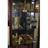 Contents of Display Cabinet; Small Vintage Tins, Bed Warmer, Glass Bottle, etc.