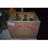 Small Wooden Box and Six Glass Bottles