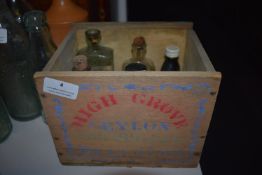 Small Wooden Box and Six Glass Bottles