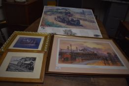 Three Framed Prints of Trains and an Unframed Bentley vs Blue Train Print