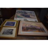 Three Framed Prints of Trains and an Unframed Bentley vs Blue Train Print