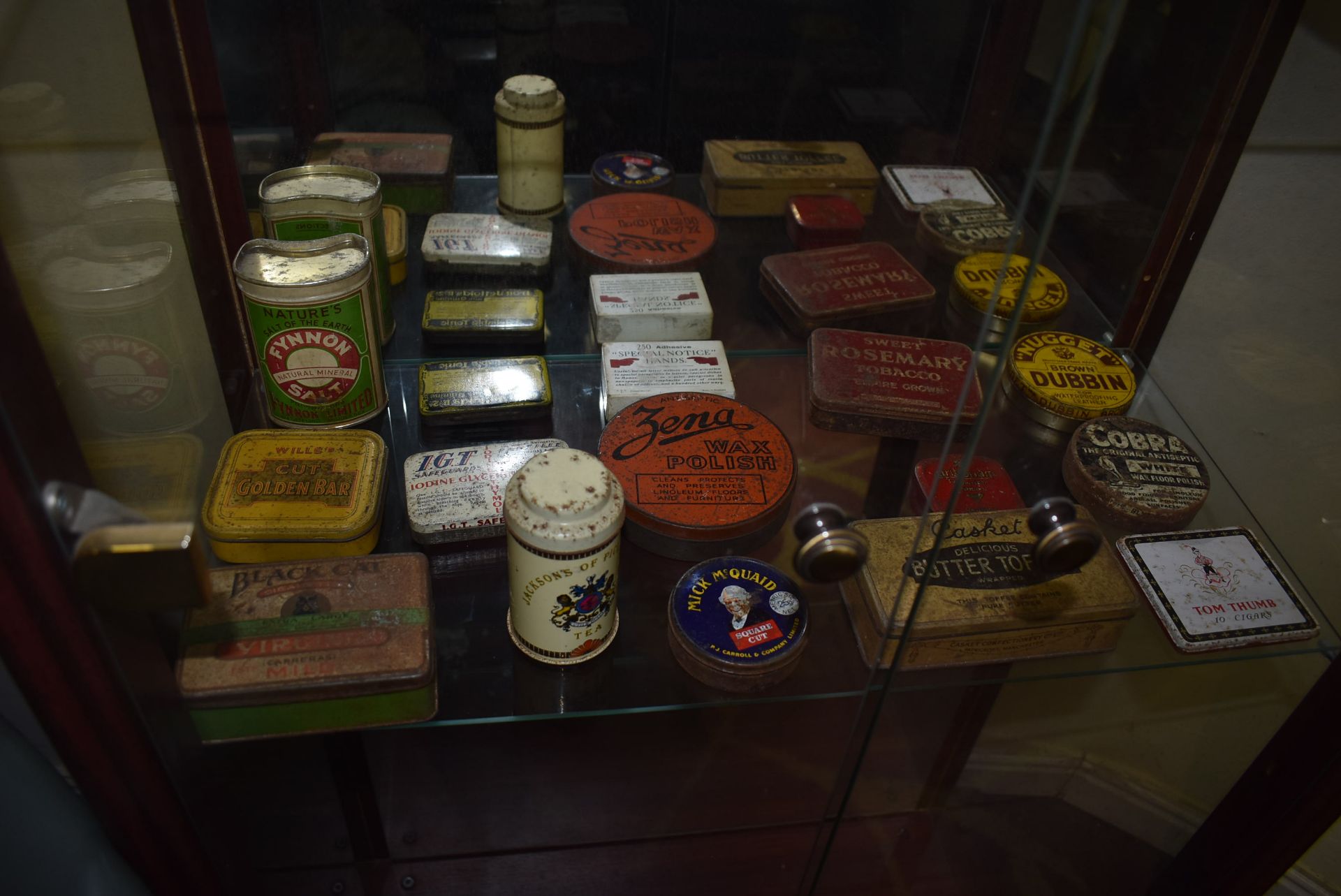 Contents of Display Cabinet; Small Vintage Tins, Bed Warmer, Glass Bottle, etc. - Image 4 of 4