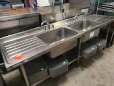 * S/S double sink with drainer to each side and undershelf - 2400w x 650d x 850h