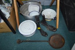 Vintage Kitchenware, Jam Pan, Enamel Colander, etc