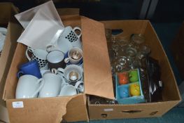 Two Boxes of Pottery and Glassware, Mugs, etc.