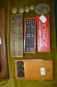 Dominoes, Cribbage Board, Draughts Set, and Brass