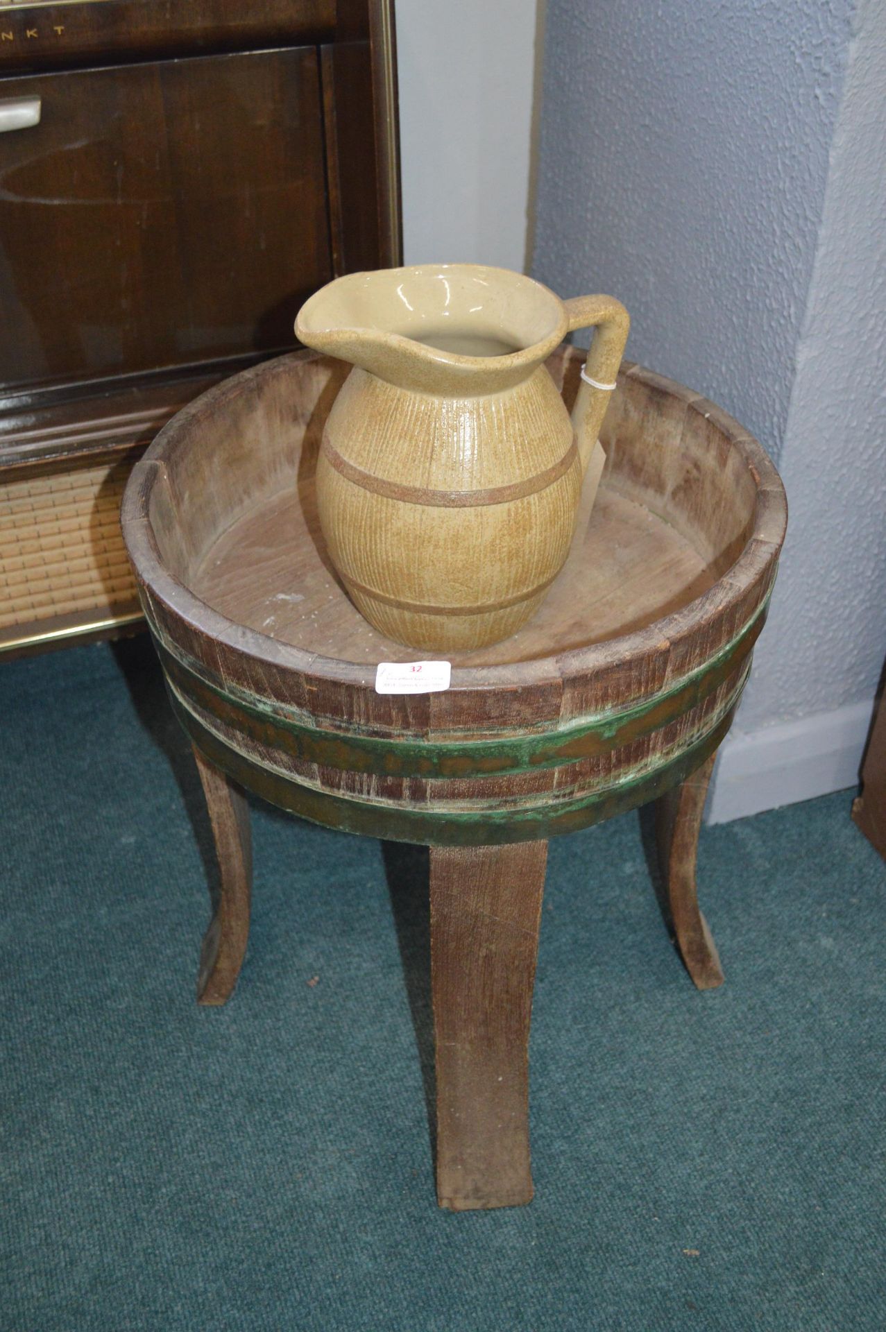 Table Made From a Barrel plus a Barrel Style Jug