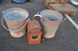 Two Fire Buckets and a Lamp
