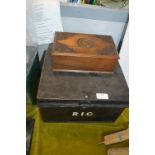 Small Metal Trunk and a Wooden Box with Inset Meda