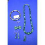 Malachite Necklace, Two Pairs of Earrings, Brooch,