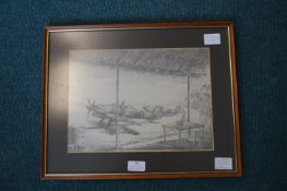 Framed Original Pencil Sketch of Two Hurricane Aircraft by C. Bowes