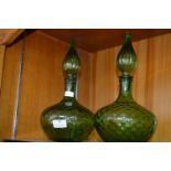 Two Retro Green Glass Stoppered Bottles