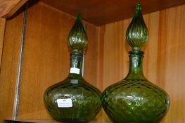 Two Retro Green Glass Stoppered Bottles