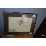 Framed Original Pencil Sketch of a Blackburn B2 Over The Humber Bridge by C. Bowes