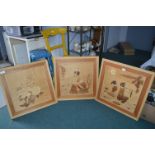 Three Eastern Carved Wood Pictures