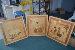 Three Eastern Carved Wood Pictures