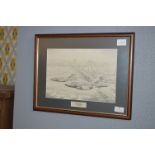 Framed Original Pencil Sketch of Two Buccaneers Over The Humber Bridge by C. Bowes
