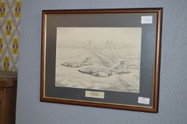 Framed Original Pencil Sketch of Two Buccaneers Over The Humber Bridge by C. Bowes