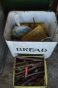 Enamel Bread Bin and a Biscuit Tin of Tools, Vents