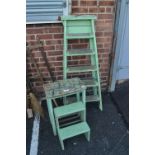 Green Stepstool and Wooden Step Ladder