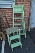 Green Stepstool and Wooden Step Ladder