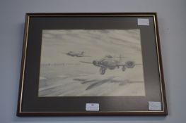 Original Pencil Sketch of Two Meteor Aircraft by C. Bowes