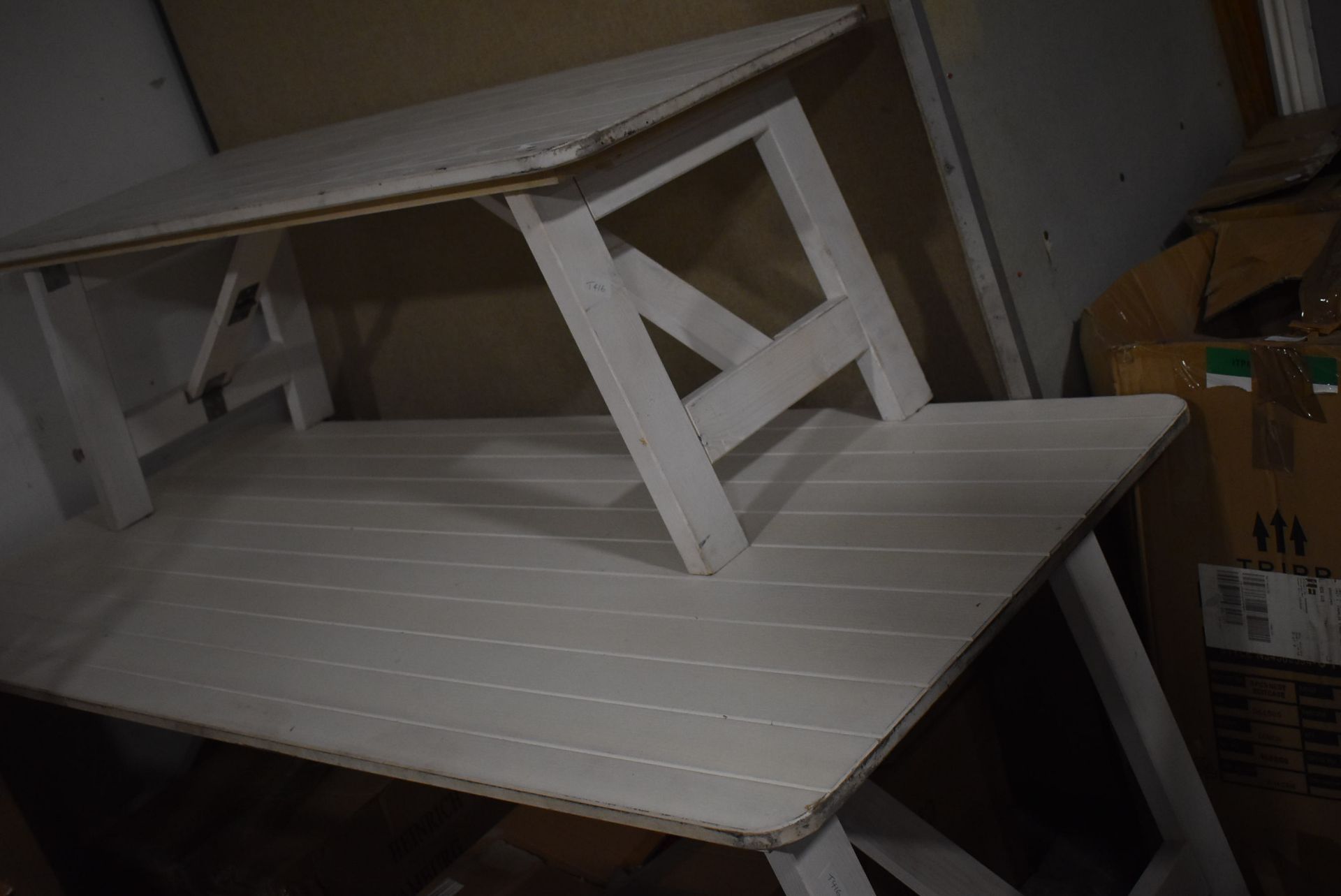 Two White Painted Wooden Folding Tables (55x134cm