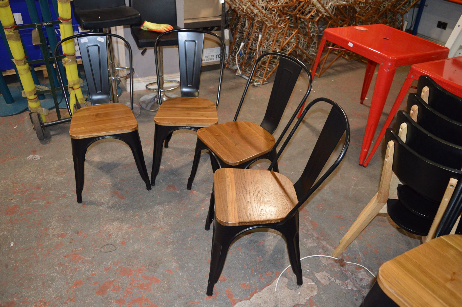 *Four Black Metal Chairs with Wooden Seats