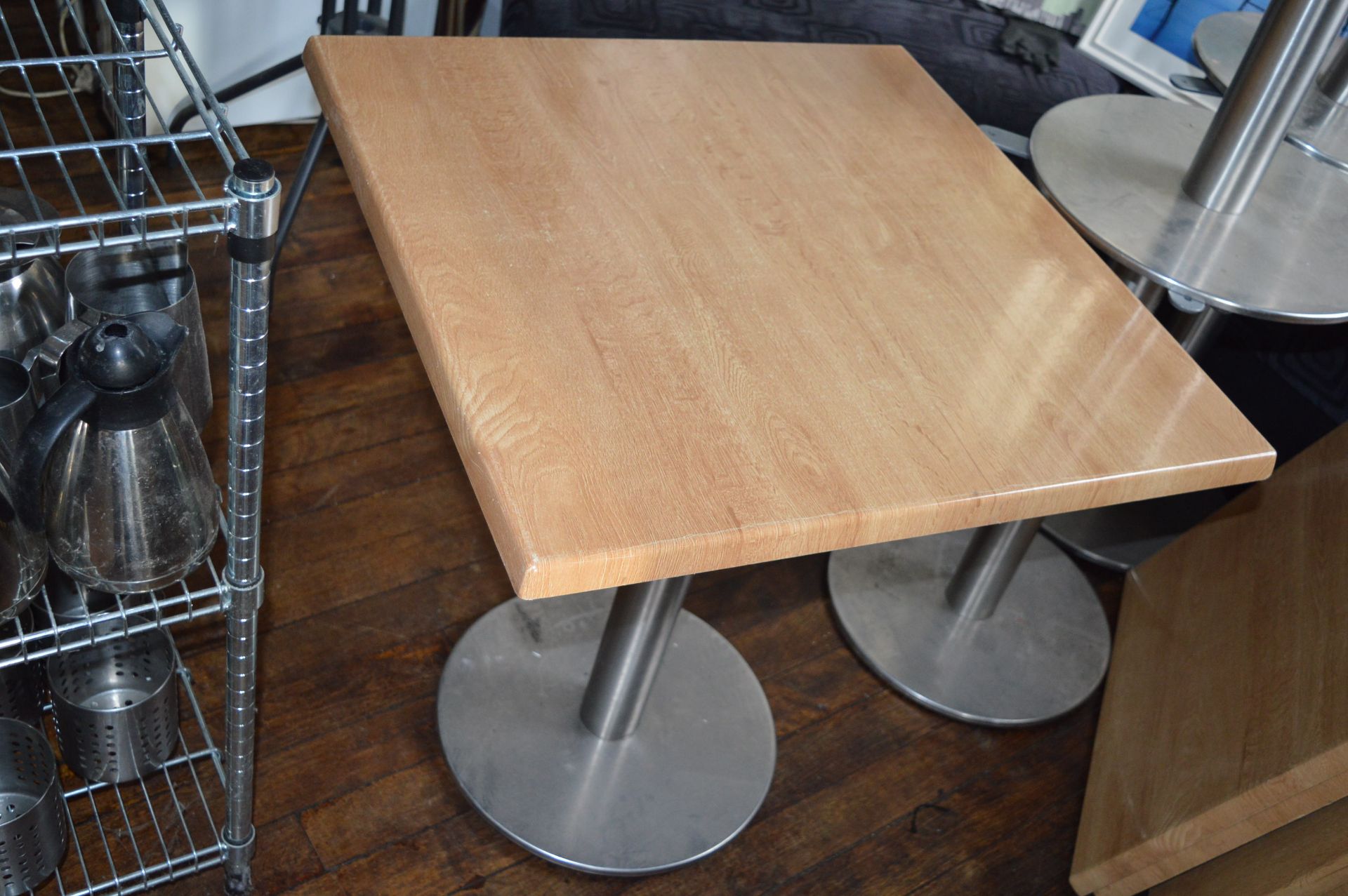 *Three 70cm Square Wood Topped Tables on Stainless Steel Bases