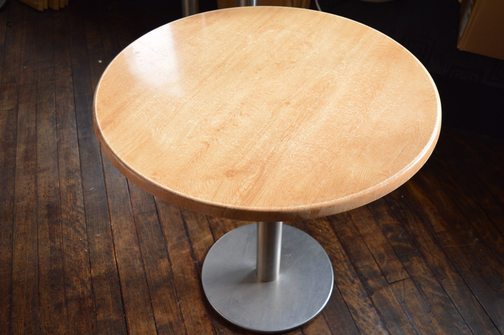 *Three 80cm Circular Wood Topped Tables on Stainless Steel Bases