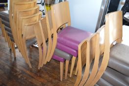 *Four Lightwood Effect Chairs with Upholstered Seats (1 brown, 3 purple)