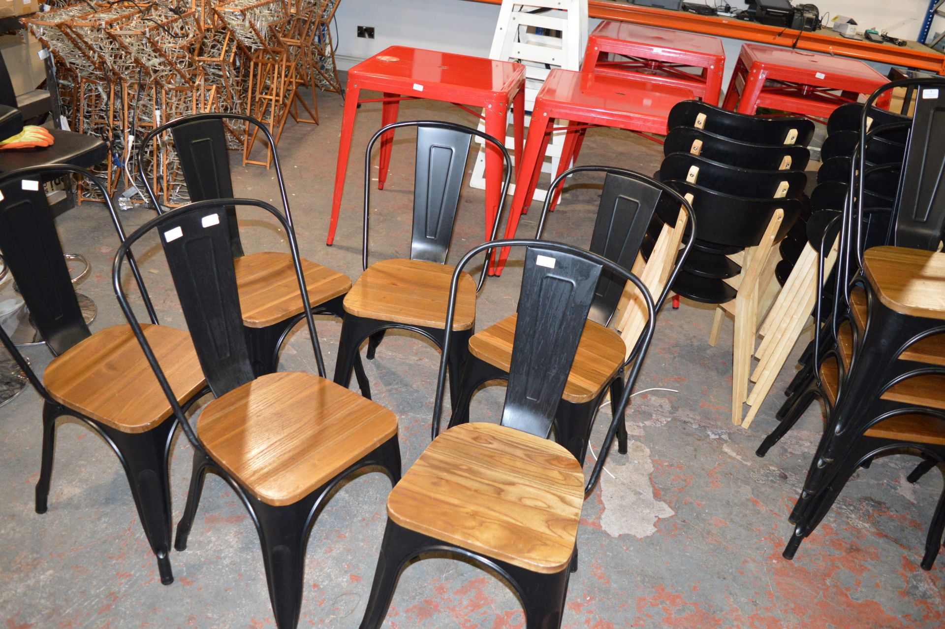 *Six Black Metal Chairs with Wooden Seats