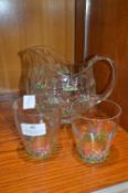 Hand Painted Floral Glass Jug and Two Beakers