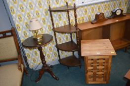 Wine Table, Whatnot, Small Cabinet, and a Lamp