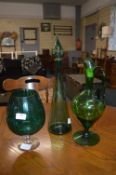 Green Glass Jug, Bottle, and Glass