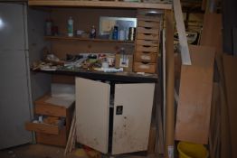 *1m Storage Locker, Shelves, Three Drawer Cabinet, and Contents