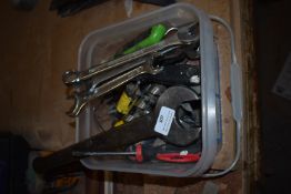 *Box of Assorted Combination Spanners, Wood Bits, Screwdrivers, etc.
