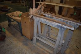 *Four Wheel Steel Workbench, Wooden Mobile Storage Box, and a Pair of Joiner’s Trestles