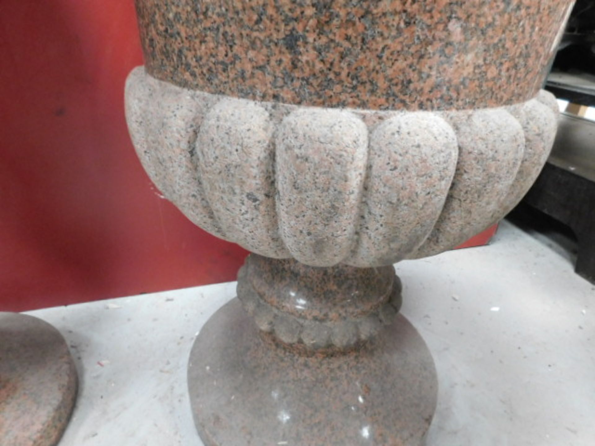 * Pair of Pink Marble Urn's 930x550mm with 200mm centre Smooth with rough carved scalloped bands - Image 3 of 4