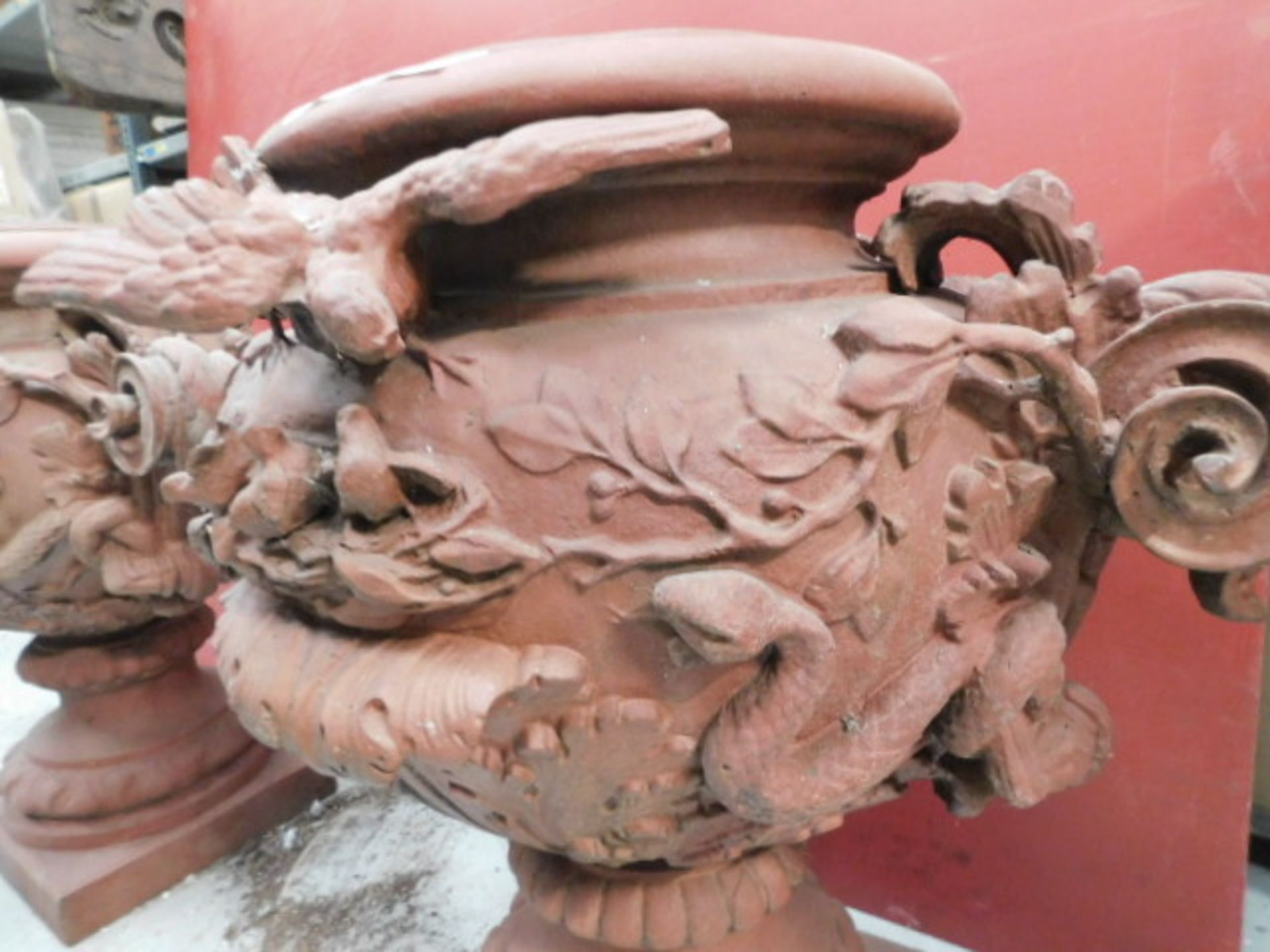 * Pair matching cast iron urns with snake and dove design 800x750(widest points) with 245mm centre - Image 2 of 2