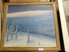 *Framed painting of snow covered woodland scene signed "Teuvo Tuomivaara 82"
