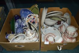 Two Boxes of Pottery Dishes, Cups, Saucers, Teapot